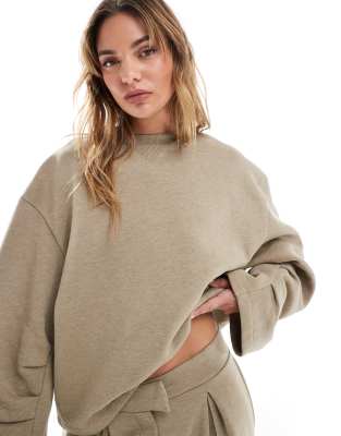 Asos Design Oversized Sweat With Ruched Sleeve Detail In Khaki Heather-green