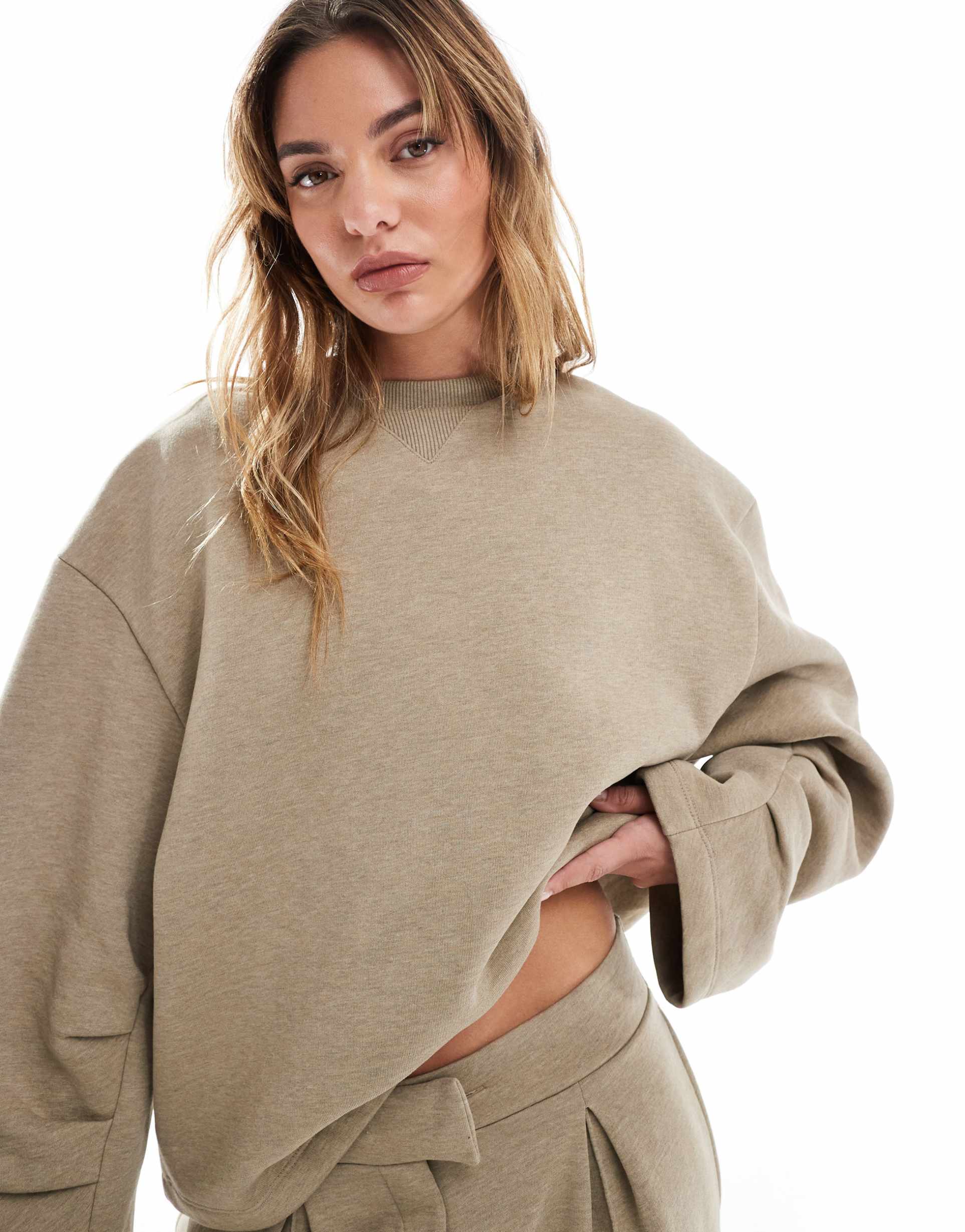 asos design oversized sweat with ruched sleeve detail in khaki heather