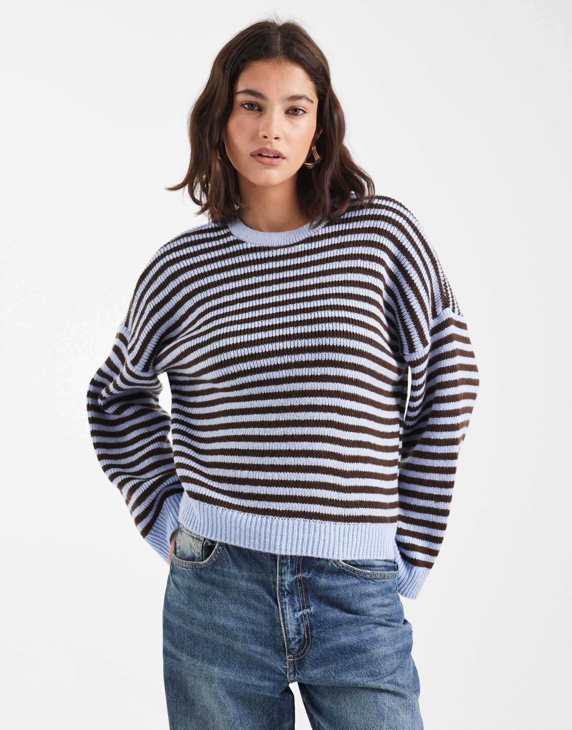 asos design oversized sweater in blue and chocolate stripes