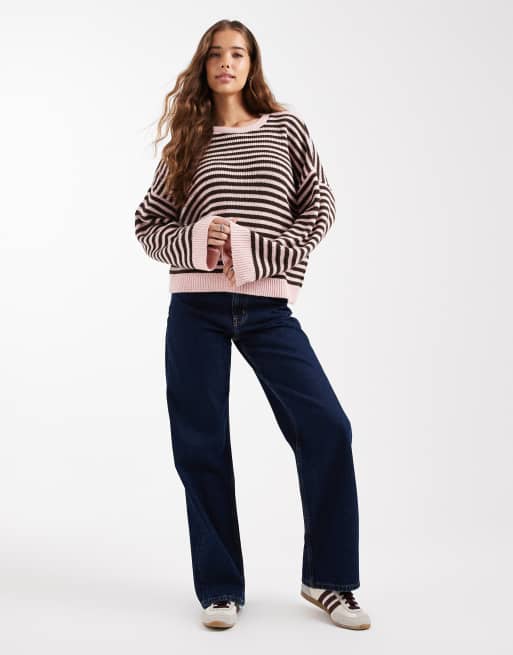 ASOS DESIGN oversized sweater in chocolate and pink stripes