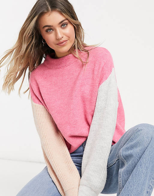 ASOS DESIGN oversized sweater in color block in pink | ASOS