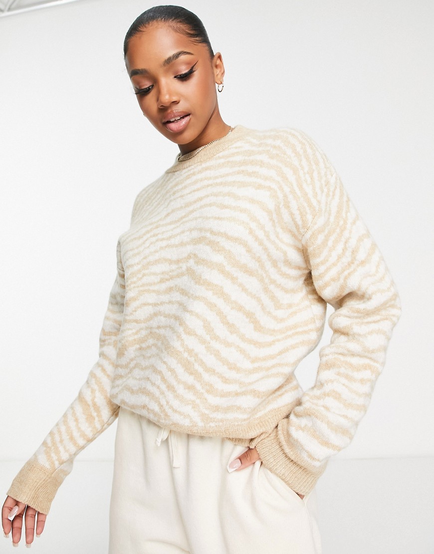 ASOS DESIGN oversized sweater in fluffy yarn in neutral zebra pattern-Multi