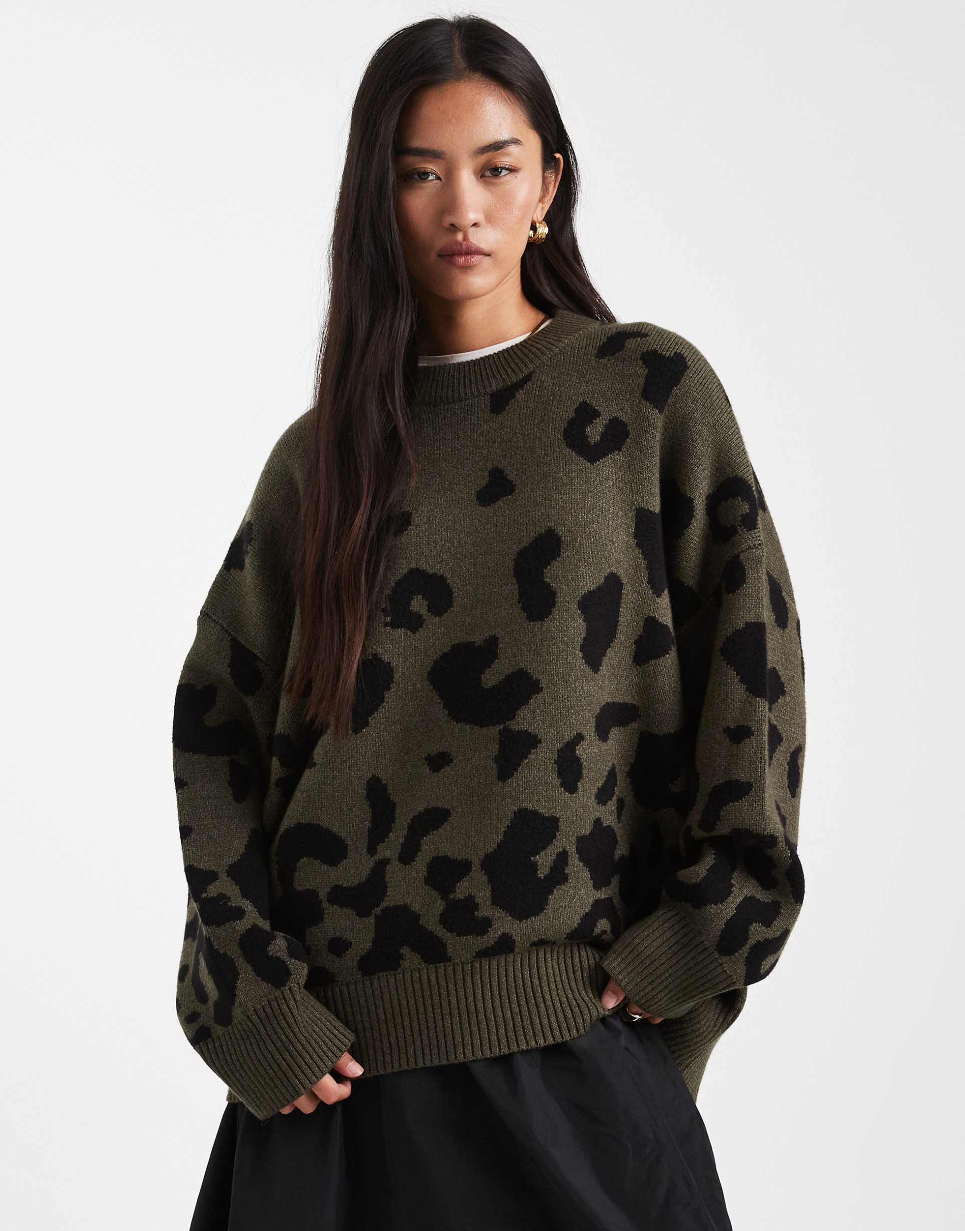 asos design oversized sweater in khaki leopard