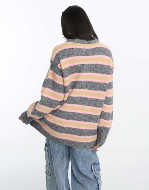 ASOS DESIGN oversized sweater in stripe in gray and pink