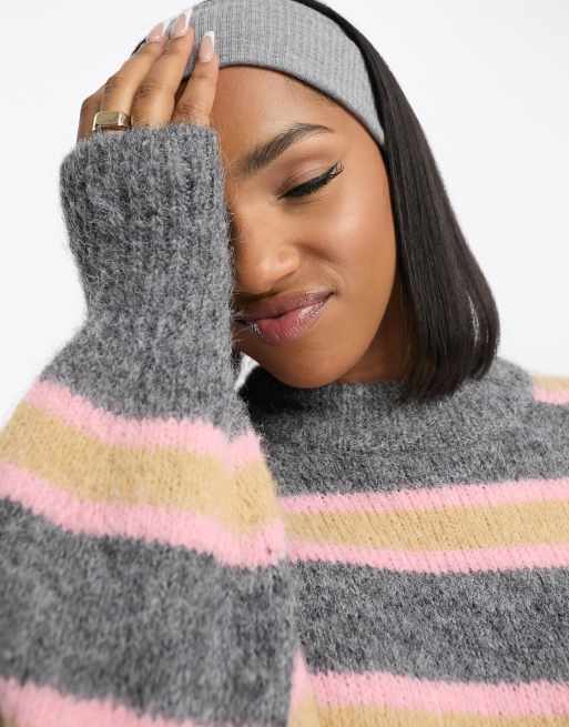 ASOS DESIGN oversized sweater in stripe in gray and pink | ASOS