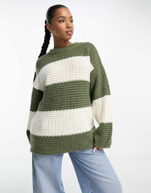 ASOS DESIGN oversized sweater in textured stitch in stripe in khaki and cream