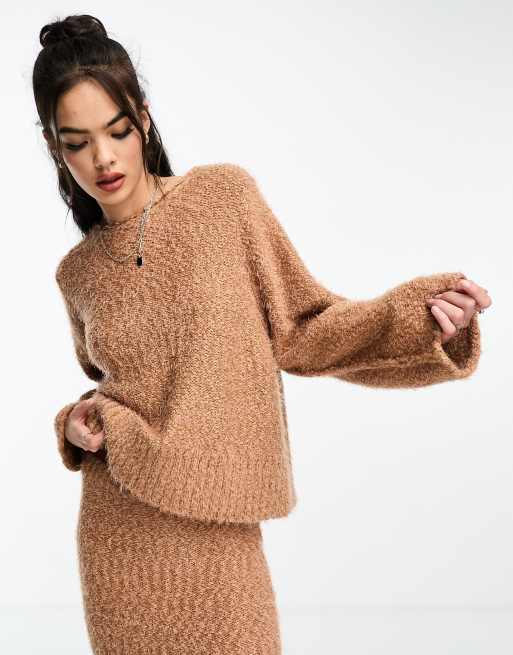 ASOS DESIGN oversized sweater & midi skirt set in textured yarn in camel