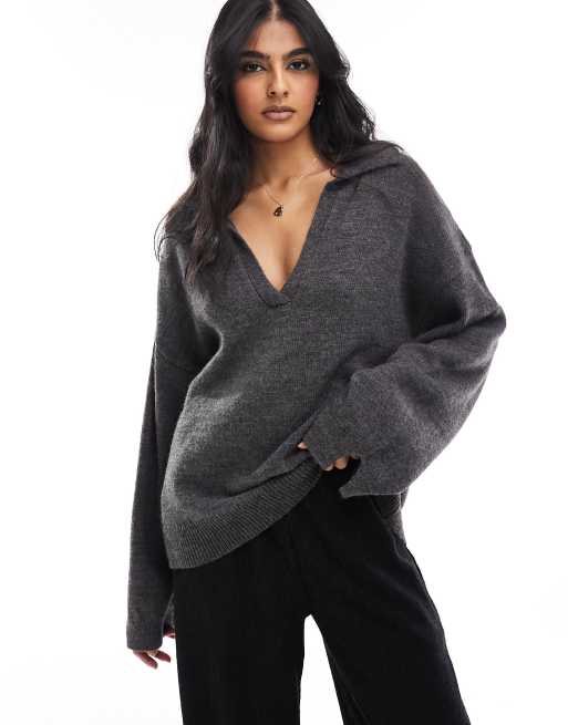 ASOS DESIGN oversized sweater with collar detail in charcoal