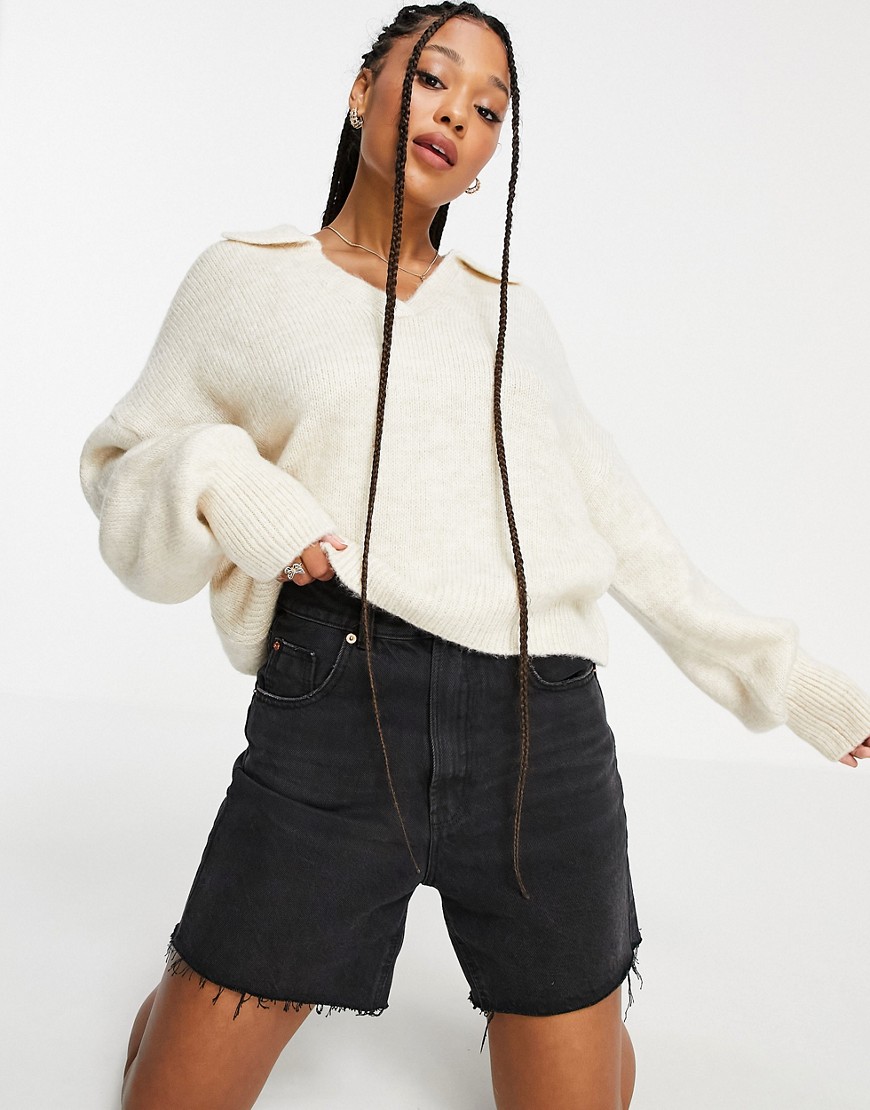 ASOS DESIGN oversized sweater with open collar in cream-White