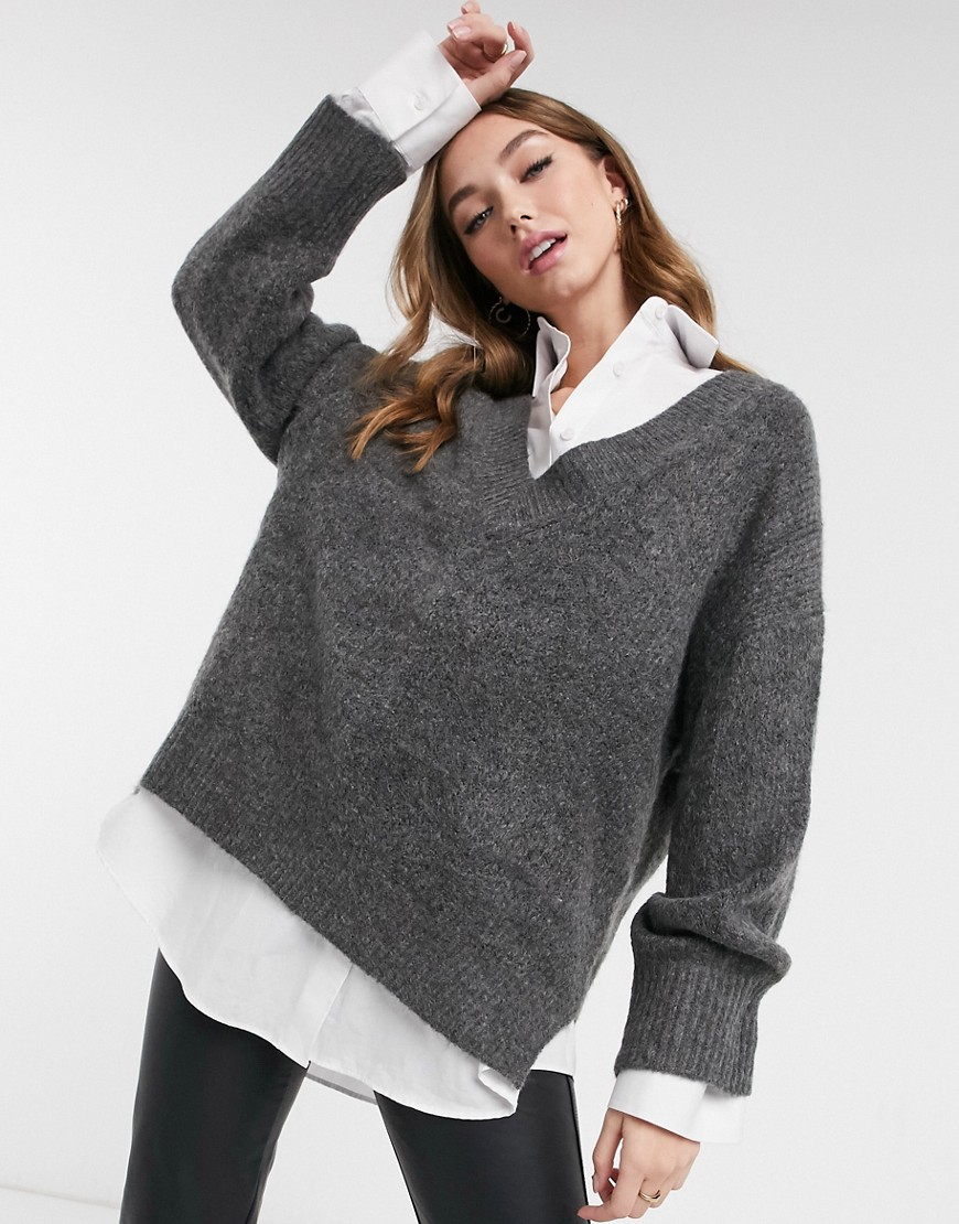 Asos Design Oversized Sweater With V-neck In Charcoal-grey