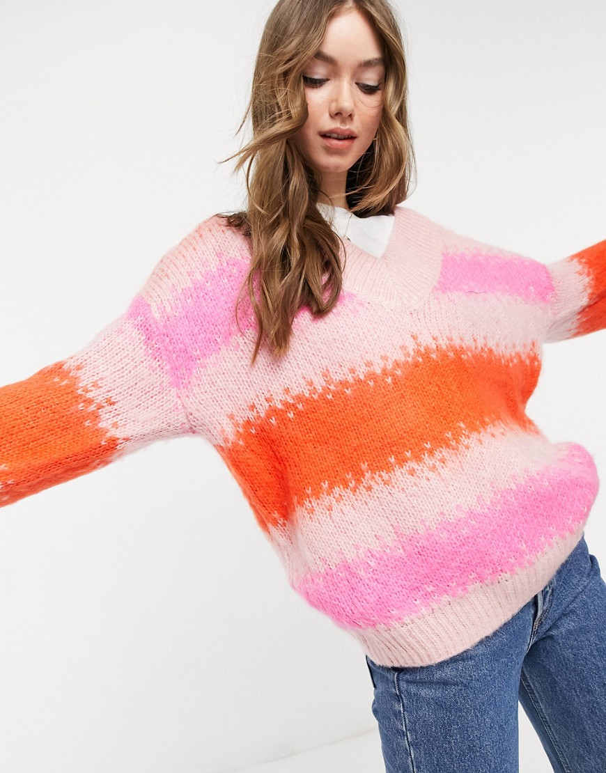 ASOS DESIGN oversized sweater with V neck in stripe-Multi