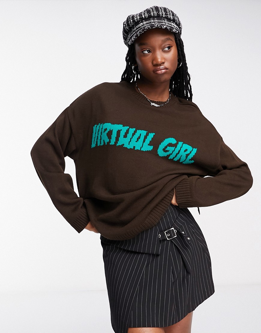 ASOS DESIGN oversized sweater with Virtual Girl text pattern in brown