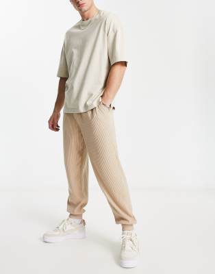 Asos Design Oversized Sweatpants In Beige Brushed Rib Texture-neutral