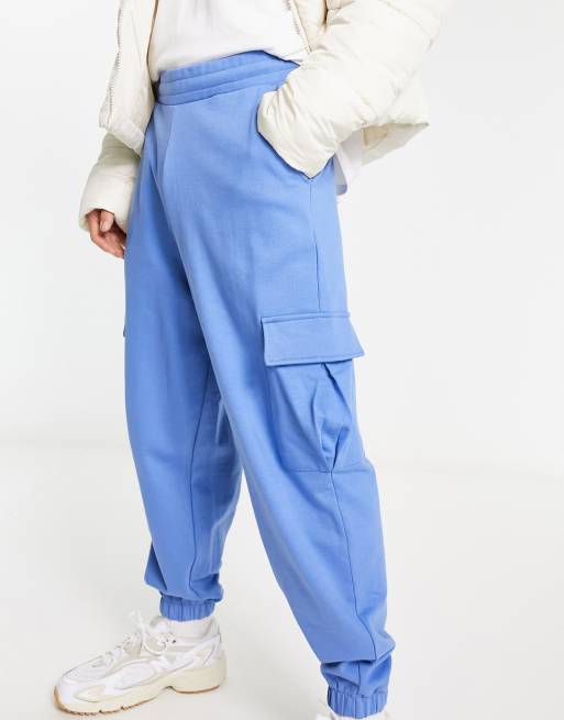 ASOS DESIGN wide leg nylon cargo pants with elastic waist in bright blue