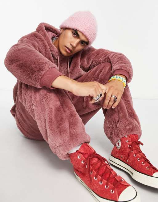 ASOS DESIGN oversized faux fur hoodie and sweatpants set in pink