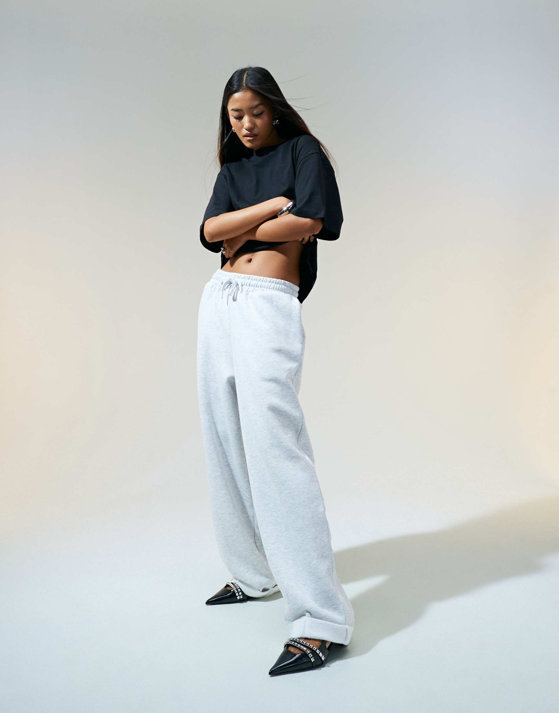 asos design oversized sweatpants with turnback hem detail in gray heather