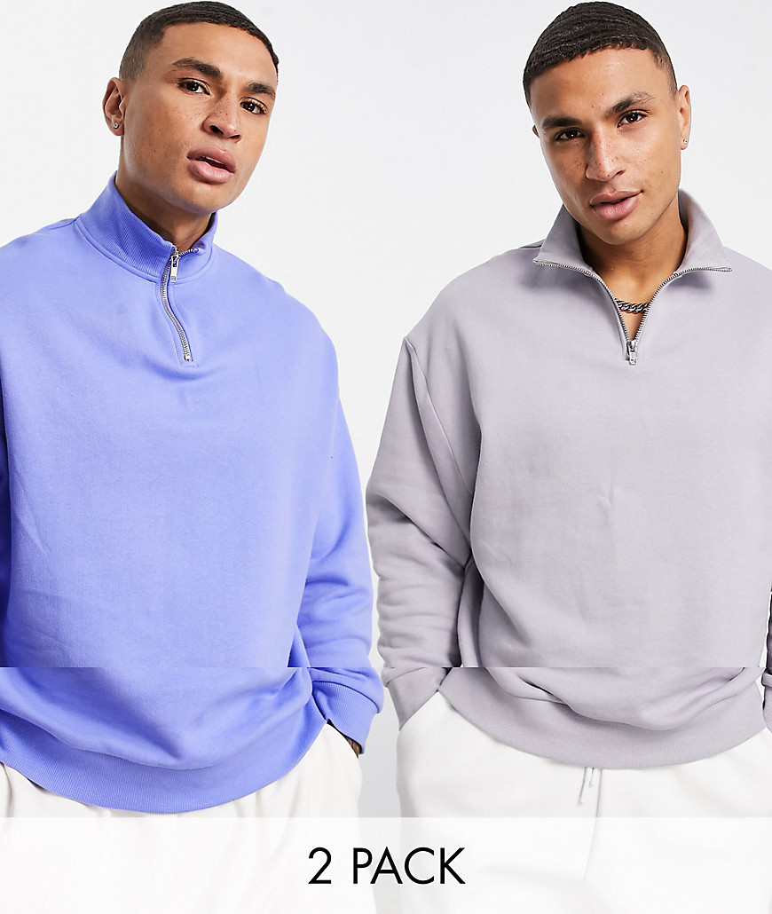 ASOS DESIGN oversized sweatshirt 2 pack with funnel neck in blue/purple-Multi
