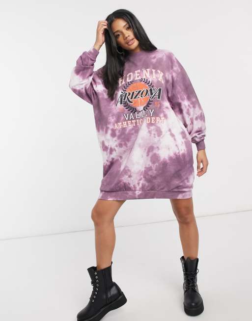 ASOS DESIGN oversized sweatshirt dress in tie dye purple with varsity graphic