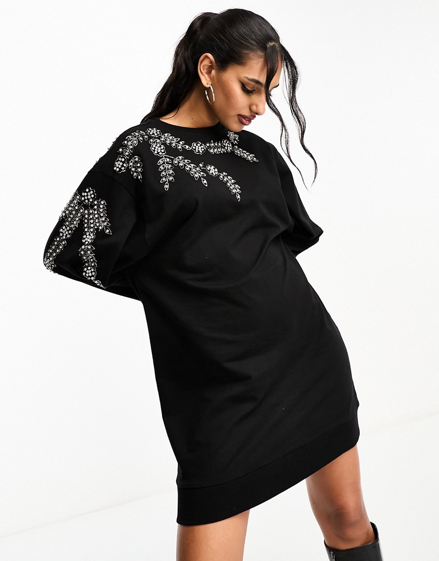 ASOS DESIGN oversized sweatshirt dress with embellishment detail-Black