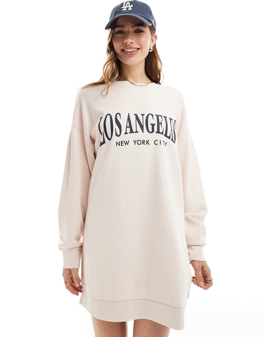 Asos Design Oversized Sweatshirt Fabric Dress With Los Angeles Graphic In Pink-blue