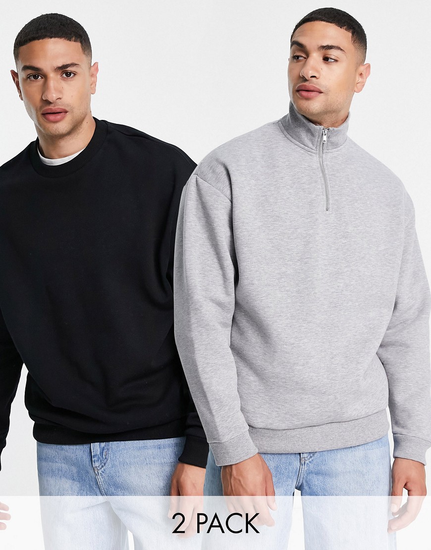 ASOS DESIGN oversized sweatshirt & half zip in black/gray heather 2 pack-Multi