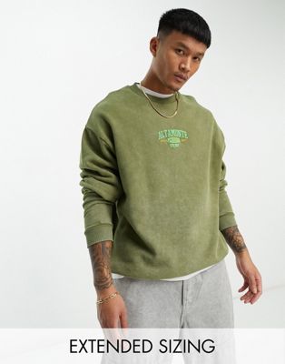 ASOS DESIGN oversized sweatshirt in acid washed green with central embroidery | ASOS