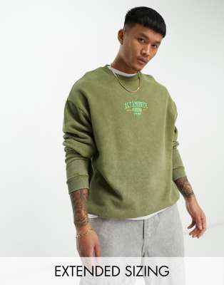 Asos Design Oversized Sweatshirt In Acid Washed Green With Central Embroidery