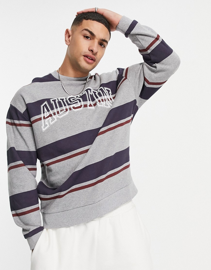 Asos Design Oversized Sweatshirt In All Over Stripes With Varsity Chest ...