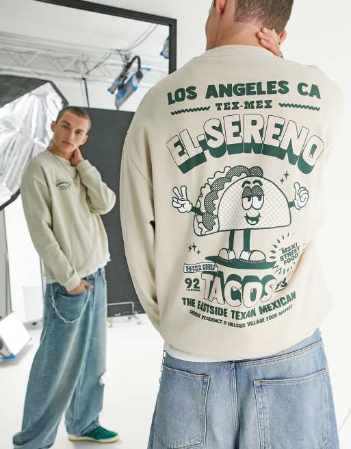 ASOS DESIGN - Oversized sweatshirt in beige met cartoonprint op de achterkant