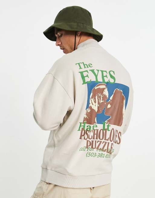 ASOS DESIGN oversized sweatshirt in beige with high neck and photographic back print