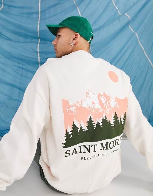 ASOS DESIGN oversized sweatshirt in beige with mountain back print and text front print