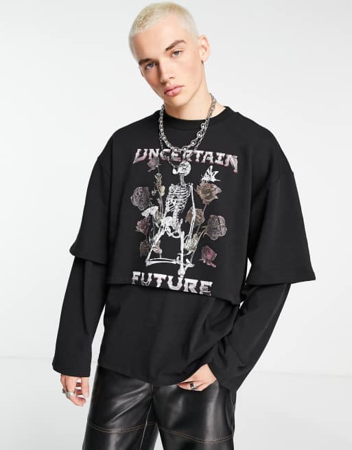 ASOS DESIGN oversized long sleeve double layer t-shirt in black with chest  print