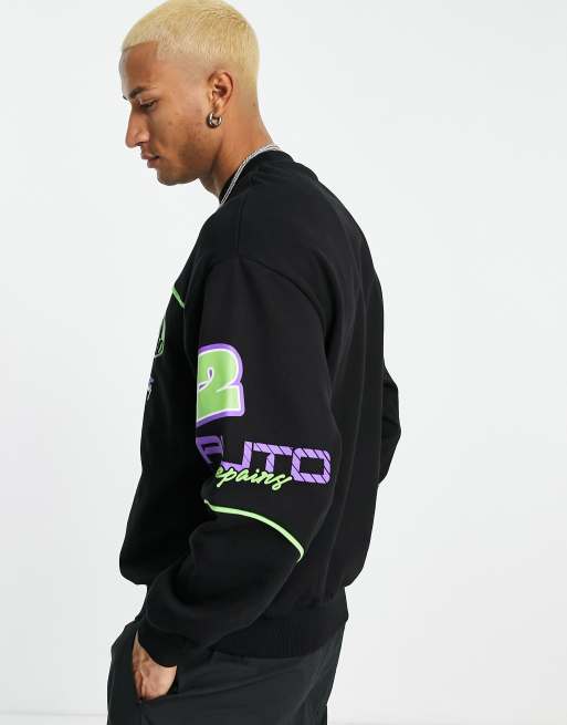 ASOS DESIGN oversized sweatshirt in black with piping and motocross prints, 4 of 4
