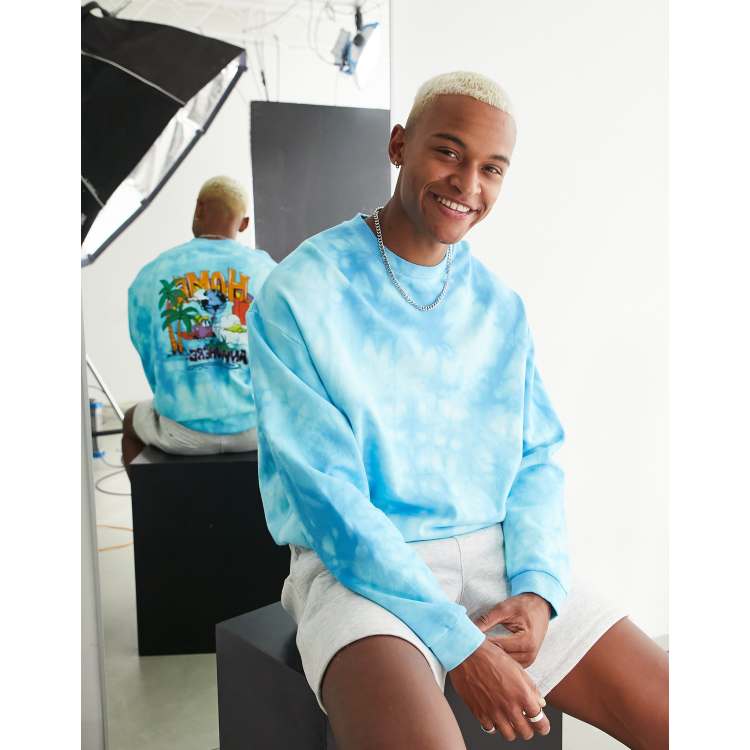 ASOS DESIGN oversized sweatshirt in blue u0026 white tie dye with cartoon back  print | ASOS