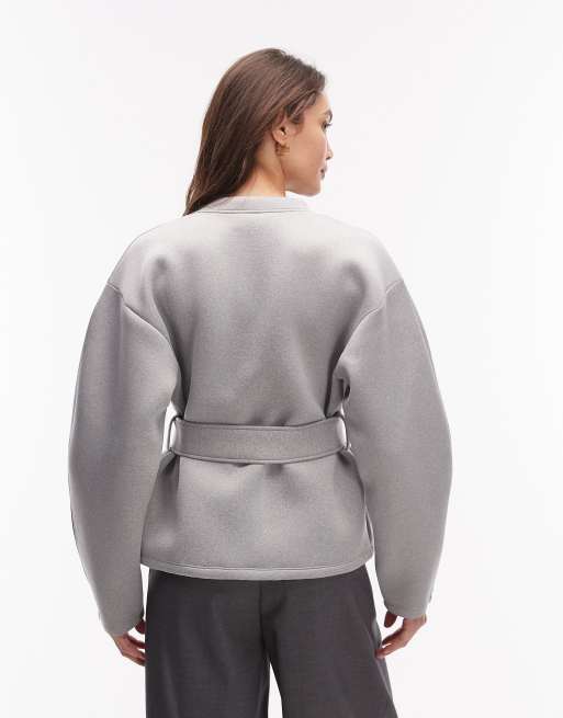 ASOS DESIGN oversized sweatshirt in bonded style fabric with cinch belt detail in grey marl, 4 of 4