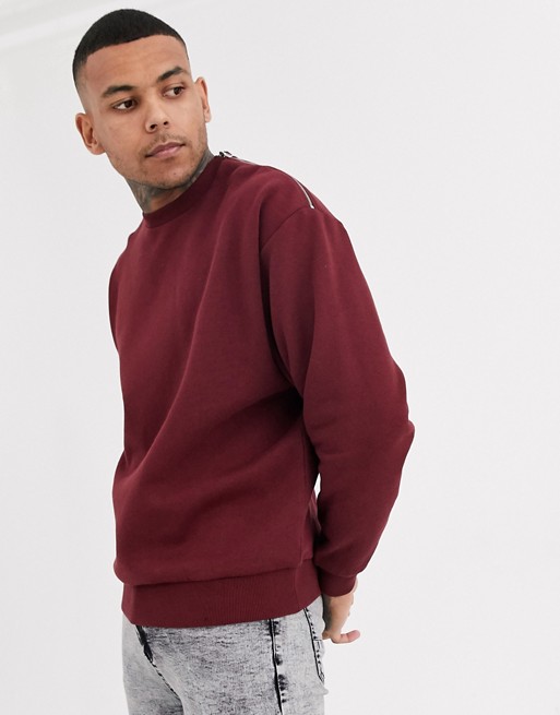 ASOS DESIGN oversized sweatshirt in burgundy with silver neck zips | ASOS