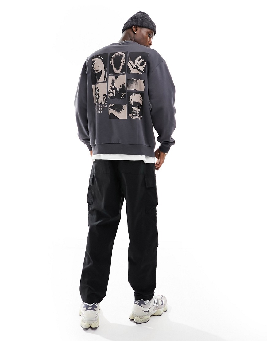 ASOS DESIGN oversized sweatshirt in charcoal grey with back photographic print