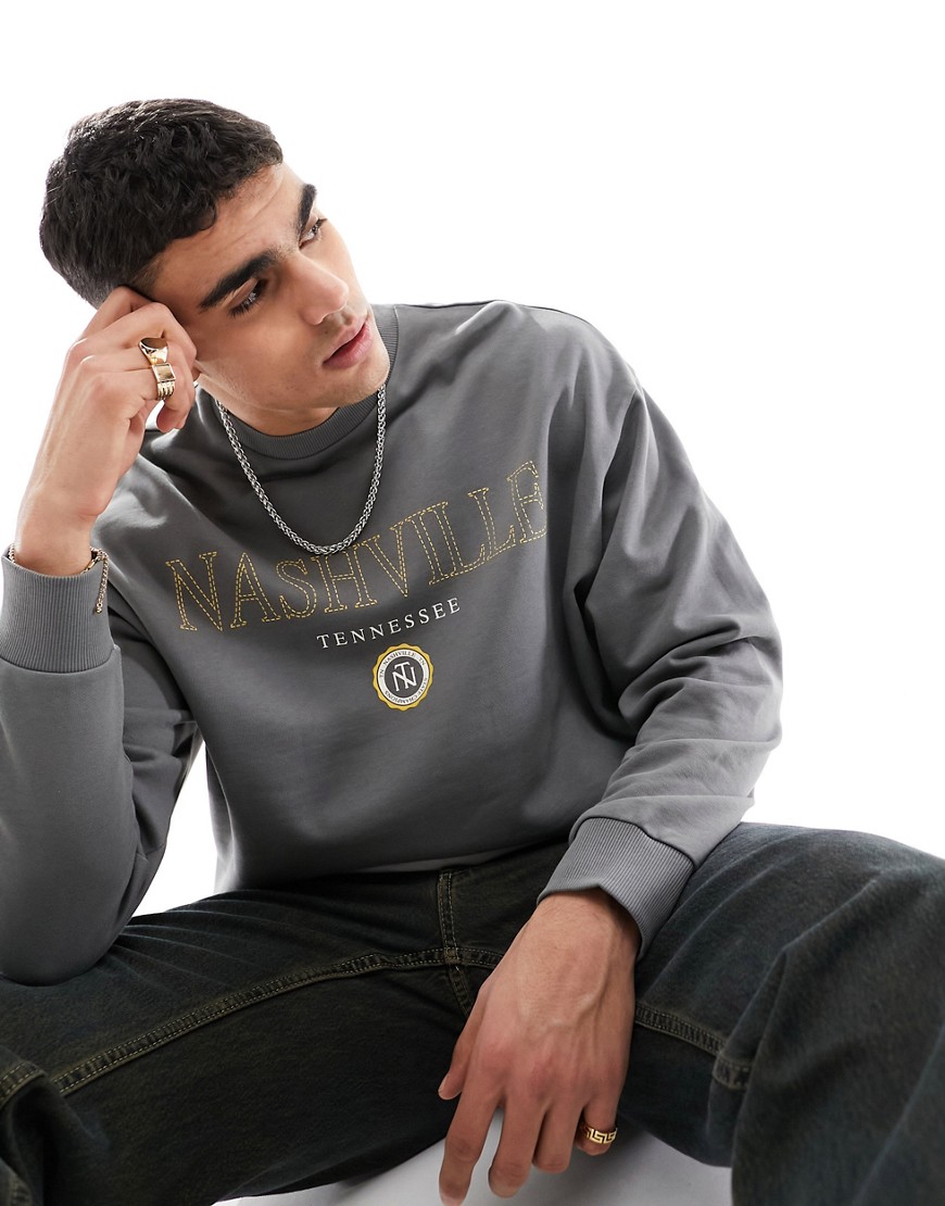 Asos Design Oversized Sweatshirt In Dark Gray With City Print