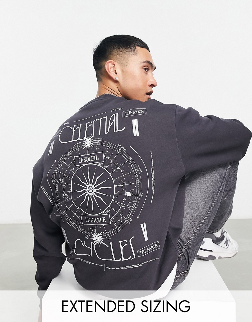 ASOS DESIGN oversized sweatshirt in dark grey with celestial back print