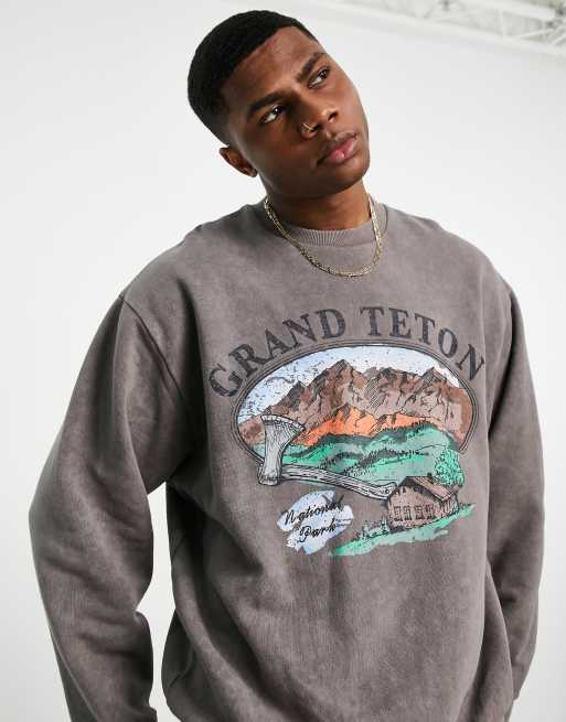 ASOS DESIGN oversized sweatshirt in gray acid wash with mountain print