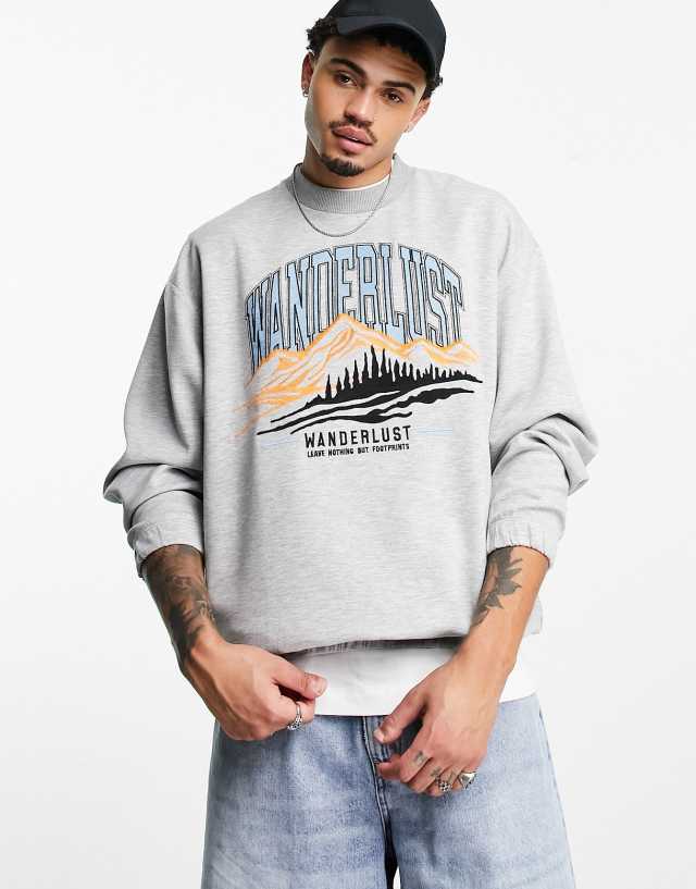 ASOS DESIGN oversized sweatshirt in gray heather scuba with mountain embroidery