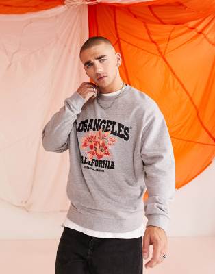 Asos Design Oversized Sweatshirt In Gray Heather With Floral City Print