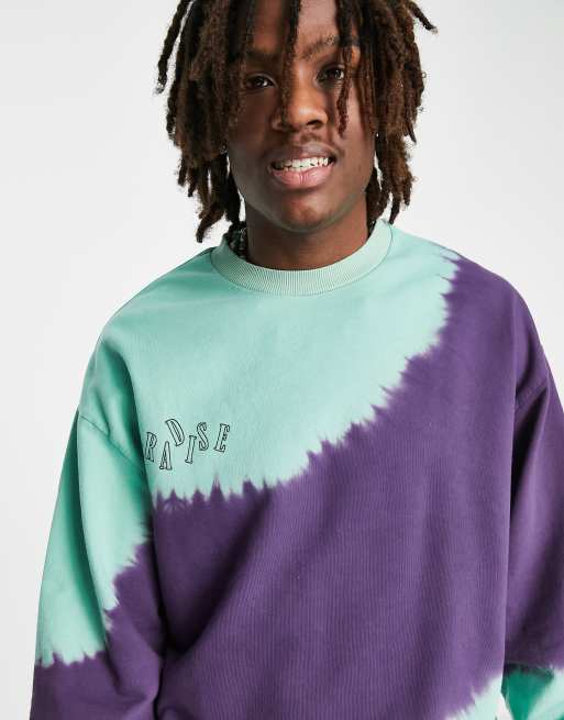 ASOS DESIGN oversized sweatshirt in green purple tie dye with chest print part of a set