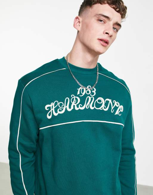 ASOS DESIGN oversized sweatshirt in green with piping and text embroidery - part of a set