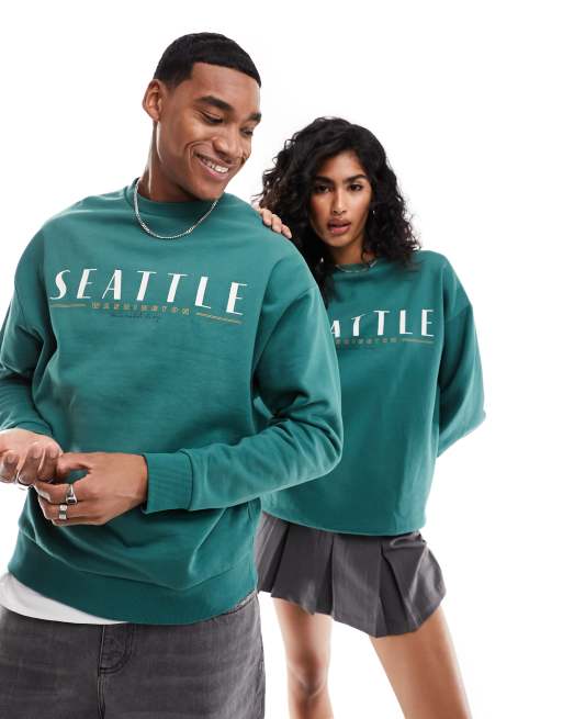ASOS DESIGN oversized sweatshirt in green with rubberized Seattle city print