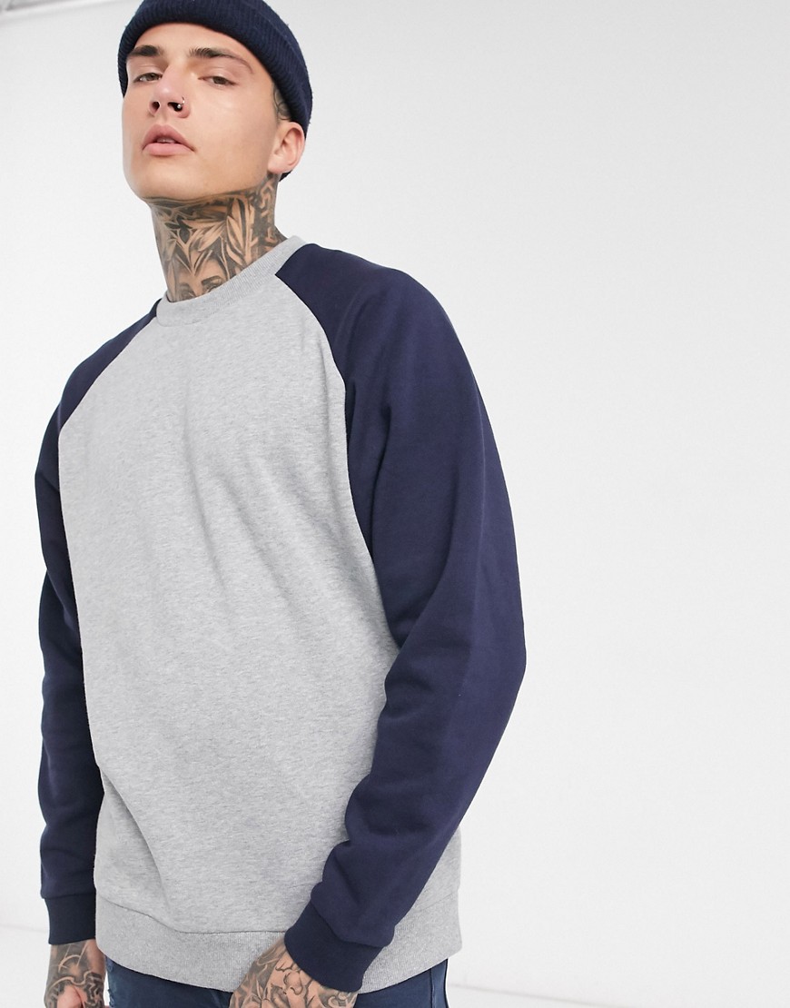 ASOS DESIGN oversized sweatshirt in grey marl with navy raglan sleeves