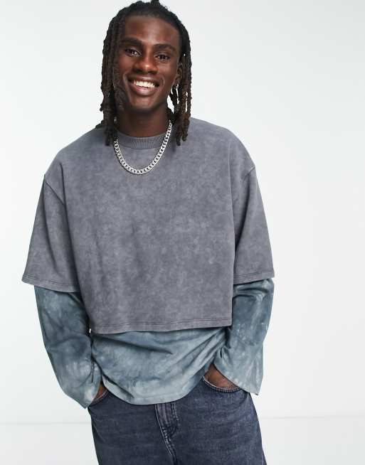 ASOS DESIGN oversized double layer long sleeve t-shirt with dip dye wash