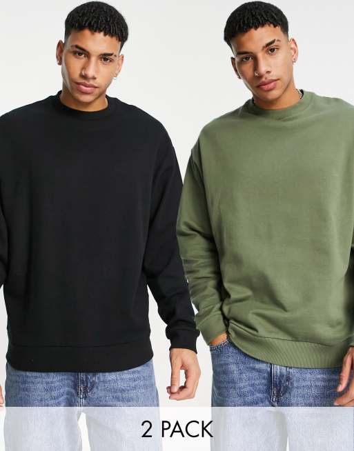 ASOS DESIGN oversized sweatshirt in khaki black 2 pack