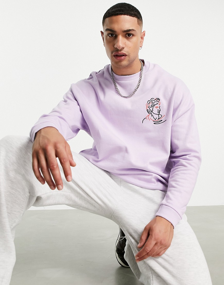 ASOS DESIGN oversized sweatshirt in lilac with 3D line drawing embroidery-Purple