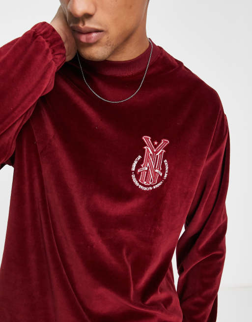 ASOS DESIGN oversized sweatshirt in maroon velour with Manhattan front and  back embroidery